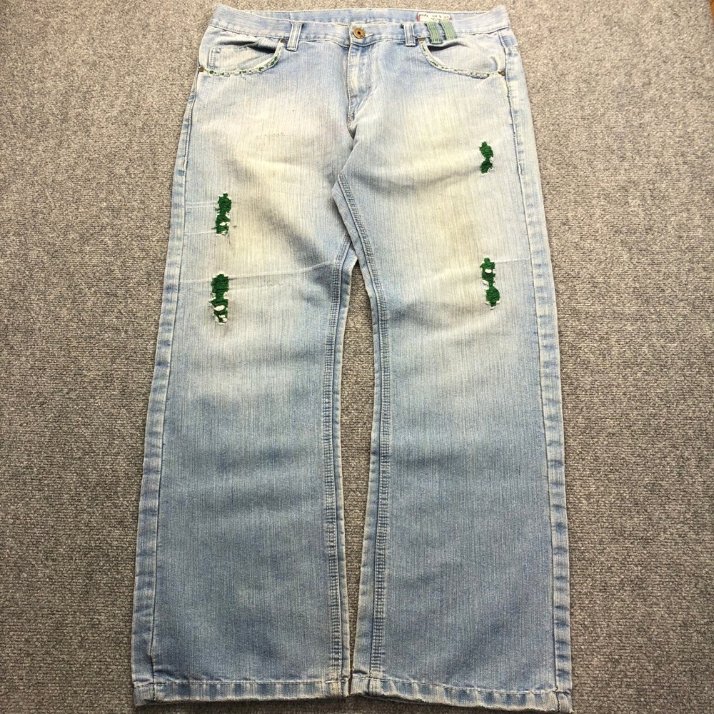 Mens Vintage Distressed Light Wash Baggy Jeans Green Accents 38x33